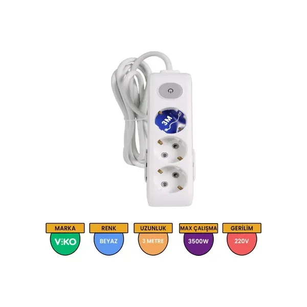 Viko 3'lü Priz 3 Metre Anahtarlı Topraklı Çocuk Kilitli - Beyaz