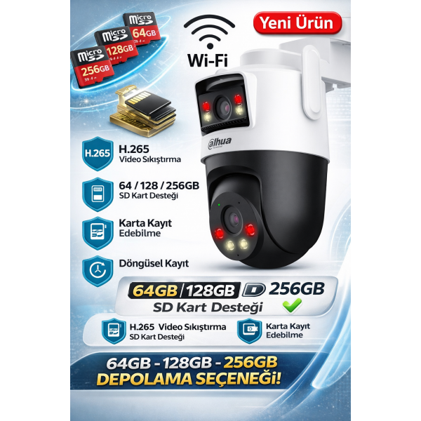Dahua WPT1539DD-SW-5E2-PV 5MP + 5MP Wifi Çift Kameralı Gece Renkli Karşılıklı Konuşmalı Sesli Hareketli IP PT Kamera SD Kart Seçenekli