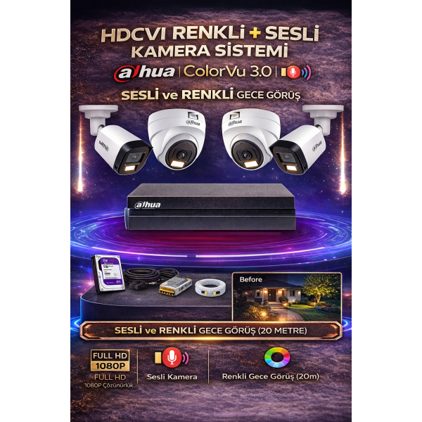 Dahua 2MP AHD Sesli Gece Renkli Kamera Seti Tak Çalıştır Güvenlik Sistemi Kolay Seçenekli Paket