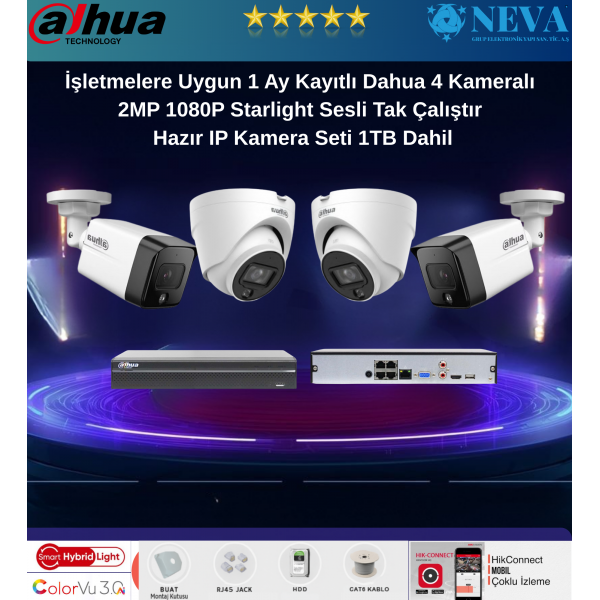 İşletmelere Uygun 1 Ay Kayıtlı Dahua 4 Kameralı 2MP 1080P Starlight Sesli Tak Çalıştır Hazır IP Kamera Seti 1TB Dahil