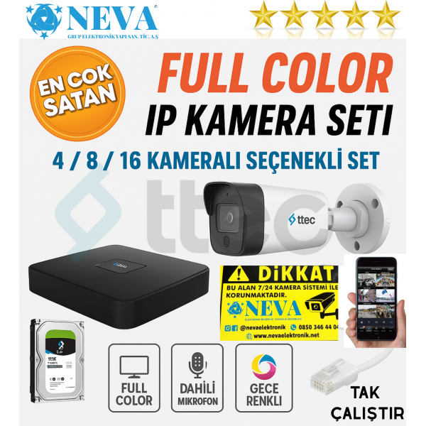 ttec Gece Renkli Sesli 2MP 1080P 4 - 8 - 16 Kameralı Sesli IP Set Full HD Seçenekli Tak Çalıştır Hazır Kamera Seti Kendi Setini Oluştur