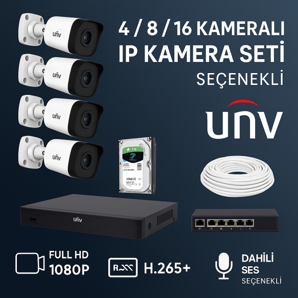 Uniview UNV Sesli 4MP 1080P Sesli 4 - 8 - 16 Kameralı H265+ Ultra HD Tak Çalıştır IP Set Seçenekli Hazır Kamera Seti Kendi Setini Oluştur
