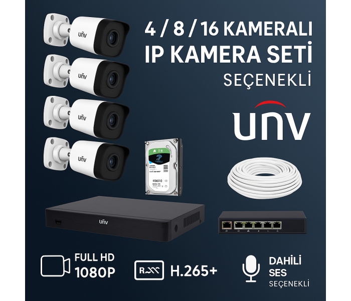 Uniview UNV Sesli 4MP 1080P Sesli 4 - 8 - 16 Kameralı H265+ Ultra HD Tak Çalıştır IP Set Seçenekli Hazır Kamera Seti Kendi Setini Oluştur