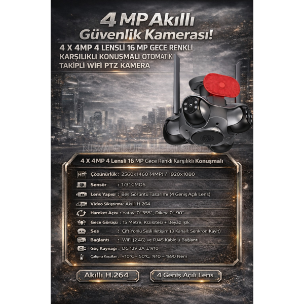 4 X 4MP 4 Lensli 16 MP Gece Renkli Karşılıklı Konuşmalı Otomatik Takipli Wifi PTZ Kamera