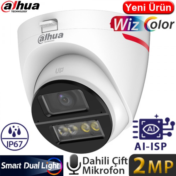 Dahua HAC-HDW1249X-A-PRO-0280B-DIP Çift Mikrofonlu Sesli Gece Renkli 2MP 2.8MM WIZCOLOR IP67 HDCVI AHD Dome Kamera-50MT