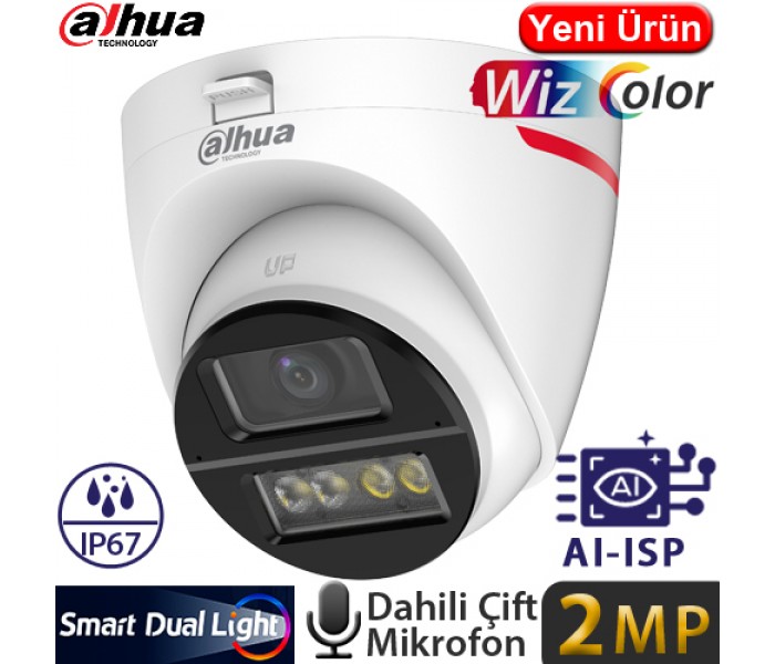 Dahua HAC-HDW1249X-A-PRO-0280B-DIP Çift Mikrofonlu Sesli Gece Renkli 2MP 2.8MM WIZCOLOR IP67 HDCVI AHD Dome Kamera-50MT