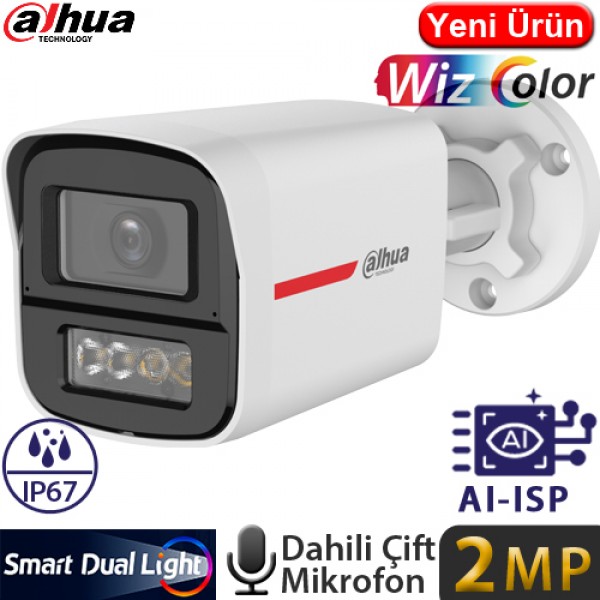 Dahua HAC-HFW1249X-A-PRO-0280B-DIP Çift Mikrofonlu Sesli Gece Renkli 2MP 2.8MM WIZCOLOR IP67 HDCVI AHD Bullet Kamera-50MT
