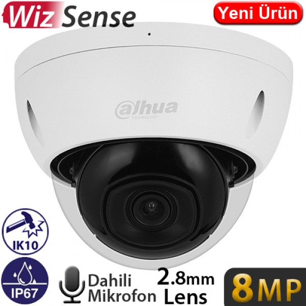 Dahua HDBW2841E-S-0280B-S2 8MP 4K H265+ Fanus Camlı Sesli Poeli IP Dome Kamera