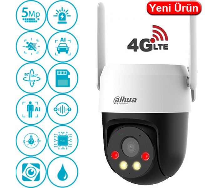 Dahua P5AE-PV-4G 5MP H265+ 4G Sim Kart Destekli Ethernet Girişli Çift Yönlü Konuşmalı IP PT Kamera