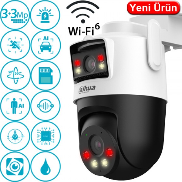 Dahua WPT1339DD-SW-3E2-PV 3MP+3MP Çift Kameralı H265+ Wifi Sesli Konuşmalı Akıllı IP PT Kamera
