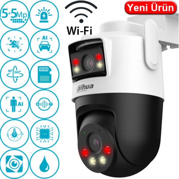 Dahua WPT1539DD-SW-5E2-PV 5MP + 5MP Wifi Çift Kameralı Gece Renkli Karşılıklı Konuşmalı  Sesli Hareketli IP PT Kamera