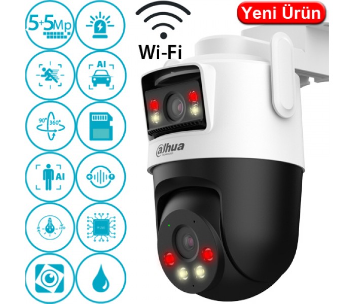 Dahua WPT1539DD-SW-5E2-PV 5MP + 5MP Wifi Çift Kameralı Gece Renkli Karşılıklı Konuşmalı  Sesli Hareketli IP PT Kamera