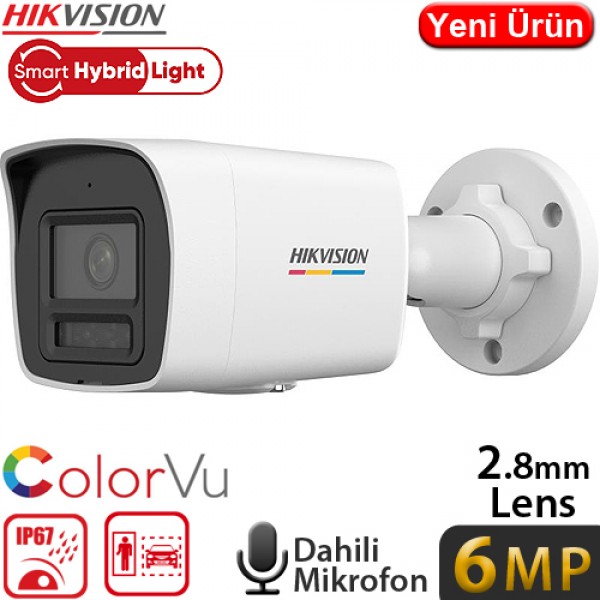 Hikvision DS-2CD1067G2H-LIUF H265+ 6MP 2.8MM Colorvu Renkli Sesli Smart Hybrid IP Poe Bullet Kamera IP67 30MT