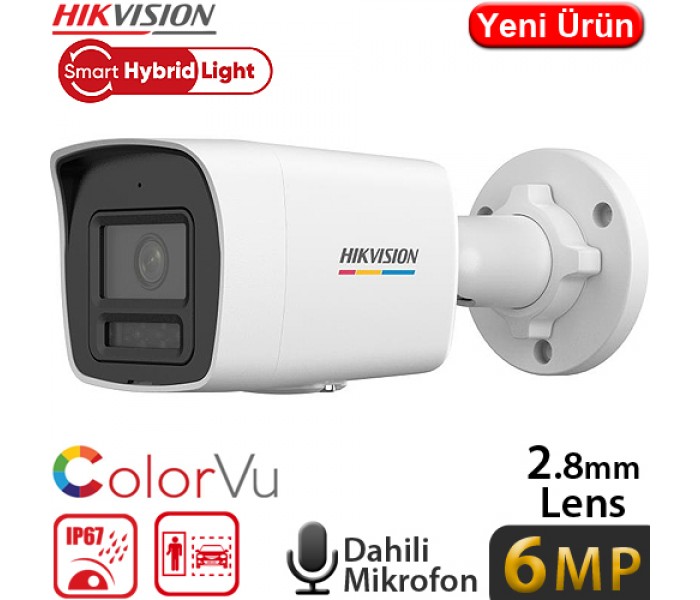 Hikvision DS-2CD1067G2H-LIUF H265+ 6MP 2.8MM Colorvu Renkli Sesli Smart Hybrid IP Poe Bullet Kamera IP67 30MT