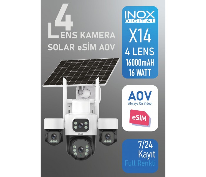 INOX-X14 4 Lens 3+3+3+3MP 4 Kameralı 4G E-SİM Solar Güneş Enerjili Karşılıklı Konuşmalı Gece Renkli Alarmlı Akıllı PT Kamera