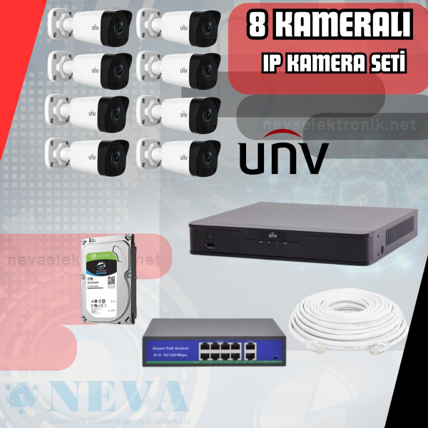 Uniview UNV Sesli 2MP 1080P H265+ Full HD 8 Kameralı Poeli Hazır IP Kamera Seti