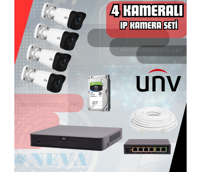 Uniview UNV Sesli 2MP 1080P Sesli 4 Kameralı H265+ Full HD Poeli Hazır IP Kamera Seti