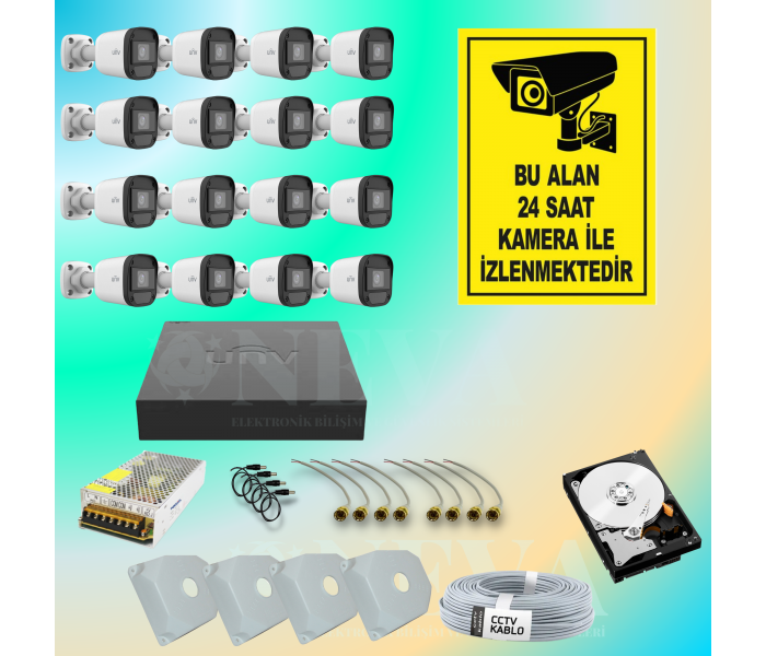 Uniview UNV 2MP 1080P Sesli H265+ Full HD 16 Kameralı Hazır AHD Kamera Seti