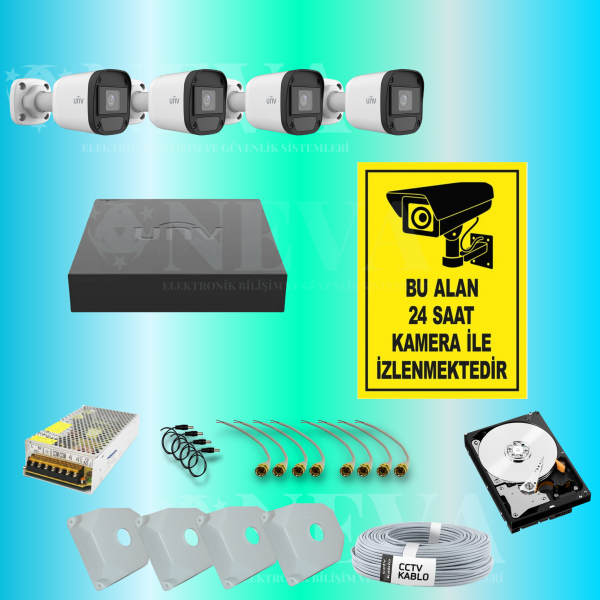 Uniview UNV 2MP 1080P Sesli H265+ Full HD 4 Kameralı Hazır AHD Kamera Seti
