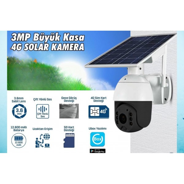 Kablosuz 3MP 4G Sim Kartlı Solar Güneş Enerjili 12.600 mAH Bataryalı Büyük Kasa Ptz Kamera