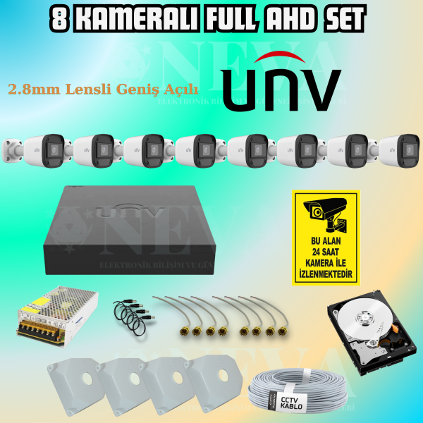 Uniview UNV 2MP 1080P Sesli H265+ Full HD 8 Kameralı Hazır AHD Kamera Seti