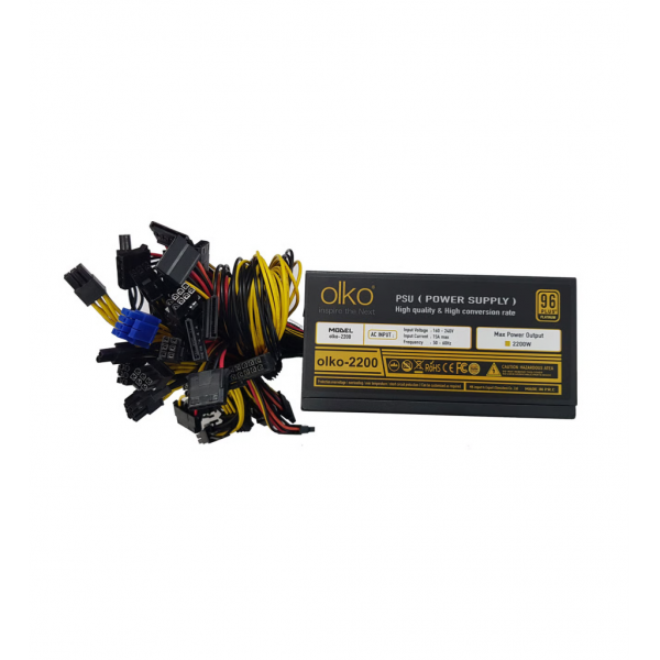 OLKO 2200, 2200W, 14cm Fan, 16xPCI-E 6+2Pin, 1x20+4Pin, 8xSata, ATX, Power Supply (PSU)