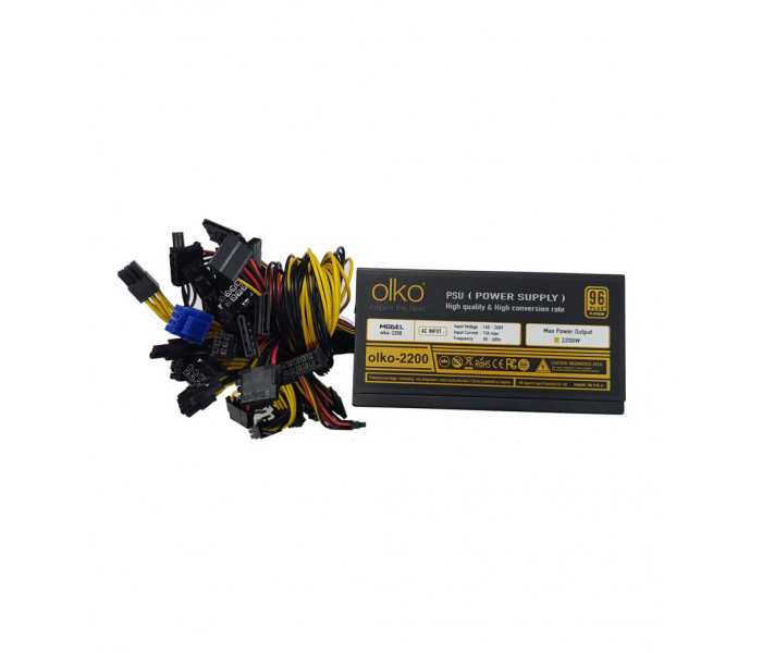 OLKO 2200, 2200W, 14cm Fan, 16xPCI-E 6+2Pin, 1x20+4Pin, 8xSata, ATX, Power Supply (PSU)