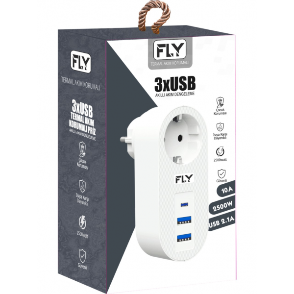 FLY 3400-01, 1 Soket, 2 USB, 1 Type-C, Akım Korumalı Priz, 2.1A, (Beyaz)