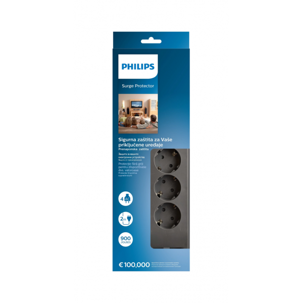 PHILIPS SPN3140A/62, 4 Soket, Akım Korumalı Priz, 900 Joules, 2Mt Kablo, (Gri)