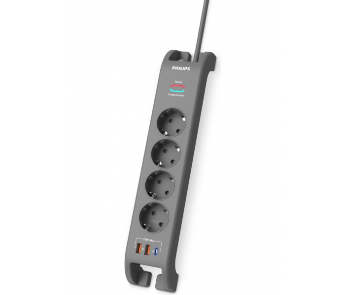 PHILIPS SPN4140GA/62, 4 Soket, Akım Korumalı Priz, 2400 Joules, 2Mt Kablo, 1xUsb-C PD 20W Hızlı Şarj, 2xUsb-A QC 18W, (Gri)
