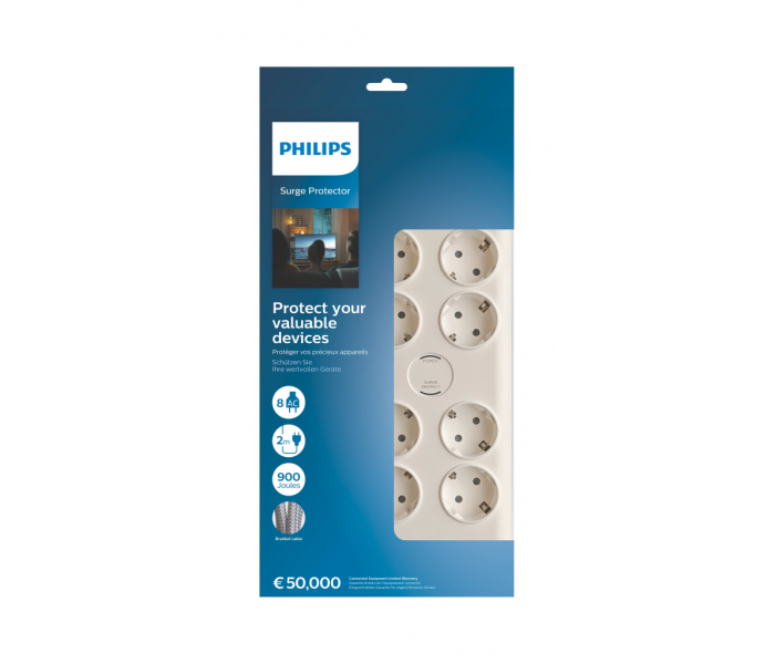 PHILIPS SPN7080WA/62, 8 Soket, Akım Korumalı Priz, 900 Joules, 2Mt Örgülü Kablo, (Beyaz)