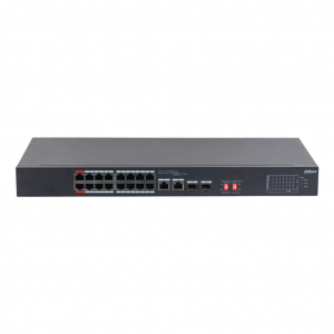 DAHUA S3218-16ET-135, 16 Port, Megabit, PoE 135W, 2 Port GigaBit Uplink, 2 Port GigaBit SFP, Longe Range 250Mt, Yönetilemez, Rack Mount Switch
