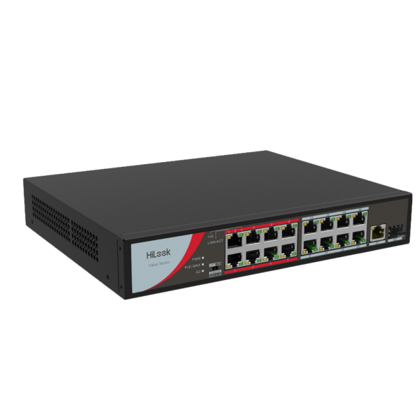 HILOOK NS-0318P-130(B), 16 Port, Megabit, PoE 130W, 1 Port GigaBit Lan, 1 Port GigaBit SFP, Long Range 250Metre, Yönetilemez, Masaüstü Switch
