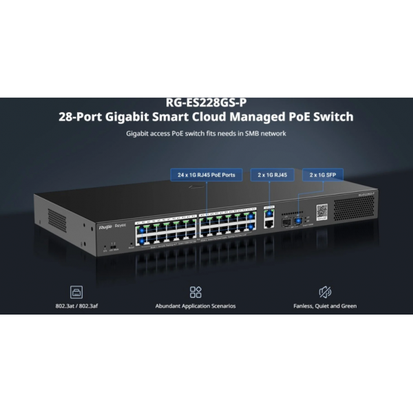 RUIJIE REYEE RG-ES228GS-P  28Port ,24 Port  PoE  370W, 2Port Gİgabit Uplink, 2 Port SFP, Colud Yönetilebilir Switch  Metal Kasa