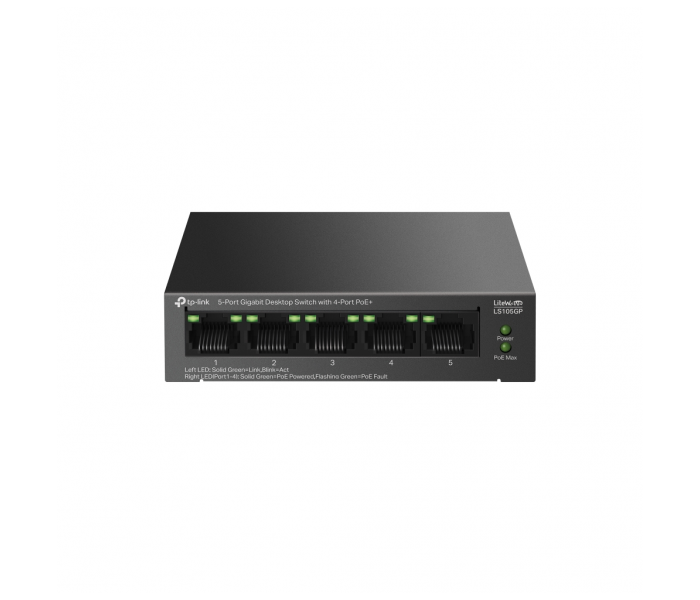 TP-LINK LS105GP, Green Tech, 5 Port, GigaBit, 4 Port PoE 65W, Metal Kasa, Yönetilemez, Masaüstü Switch