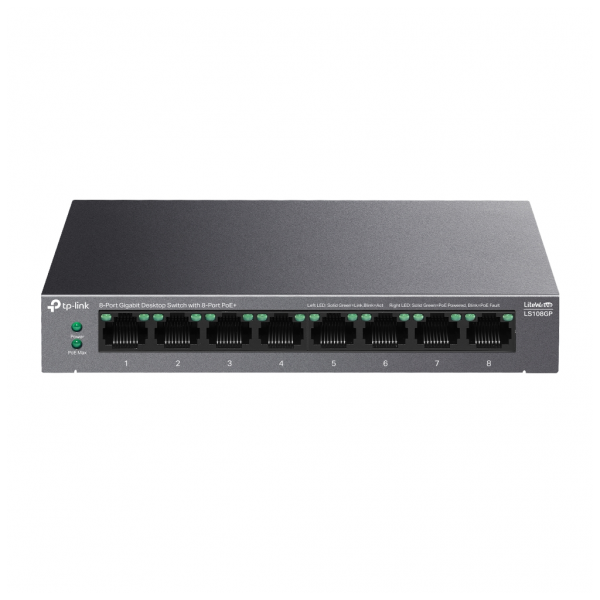 TP-LINK LS108GP, Green Tech, 8 Port GigaBit, PoE 62W, Yönetilemez, Metal Kasalı Switch