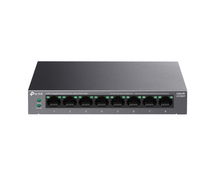 TP-LINK LS108GP, Green Tech, 8 Port GigaBit, PoE 62W, Yönetilemez, Metal Kasalı Switch