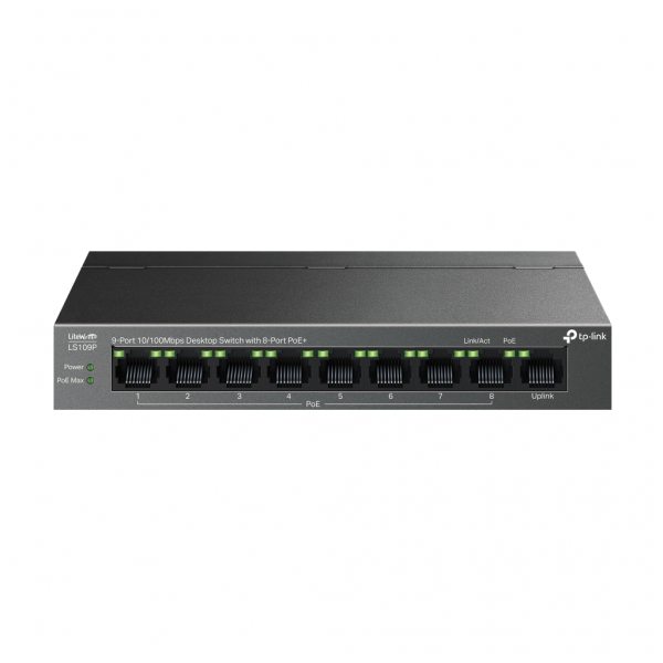 TP-LINK LS109P, Green Tech, 8 Port MegaBit, POE 63W, 1 Port Uplink, Long Range 250Mt, Yönetilemez, Metal Kasalı Switch