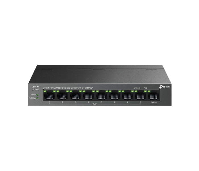 TP-LINK LS109P, Green Tech, 8 Port MegaBit, POE 63W, 1 Port Uplink, Long Range 250Mt, Yönetilemez, Metal Kasalı Switch