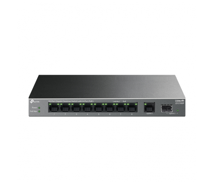 TP-LINK LS1210GP, Green Tech, 8 Port Gigabit, PoE 61W, 1 Port Gigabit Uplink, 1 Port Gigabit SFP, Yönetilemez Masaüstü Switch