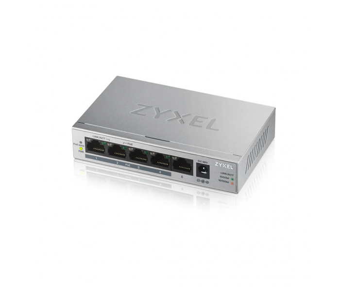 ZyXEL GS1005HP, 5 Port, GigaBit, 4 Port PoE 60W, Yönetilemez, Masaüstü Switch