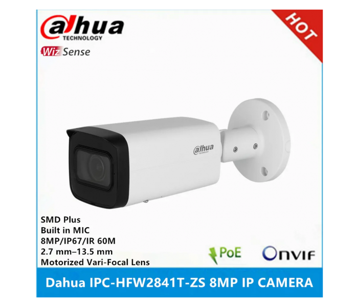DAHUA IPC-HFW2841T-ZAS-27135, 8Mpix, 2,7-13,5mm Motorize Lens, H265+, 80Mt Gece Görüşü, Dahili Mikrofon, Starlight, IP67,  PoE Bullet IP Kamera