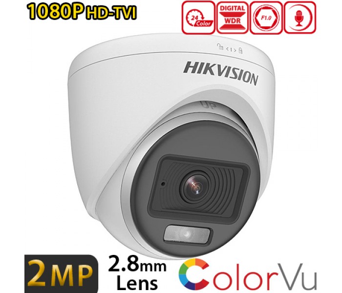 HIKVISION (DS-2CE70DF0T-LPFS) 2MP 2.8MM 1080P HD-TVI COLORVU SESLİ PLASTİK DOME KAMERA -20MT.
