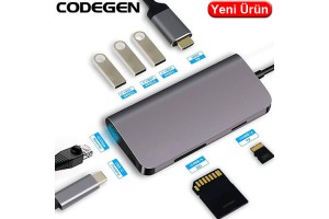 CODEGEN (CDG-CNV40) 8 IN 1 TEYP C USB 3.1 HUB, TYPE-C TO MULTİ USB 3,0 HDMI RJ45 ETH. MICRO SD, OTG 