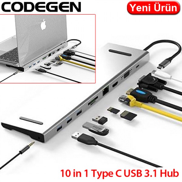 CODEGEN (CDG-CNV80) 10 IN 1 TEYP C USB 3.1 HUB TYPE-C TO MULTİ USB 3,0 HDMI RJ45 ETH. MICRO SD, OTG 