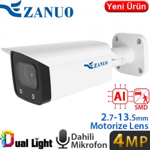 ZANUO (ZN-IPC-B2410E-ZAS-L) 4MP 2.7-13.5MM DUAL LIGHT+SMD+YAPAY ZEKA IP67 DAH.MİK.128GB BUL.KAM.50MT